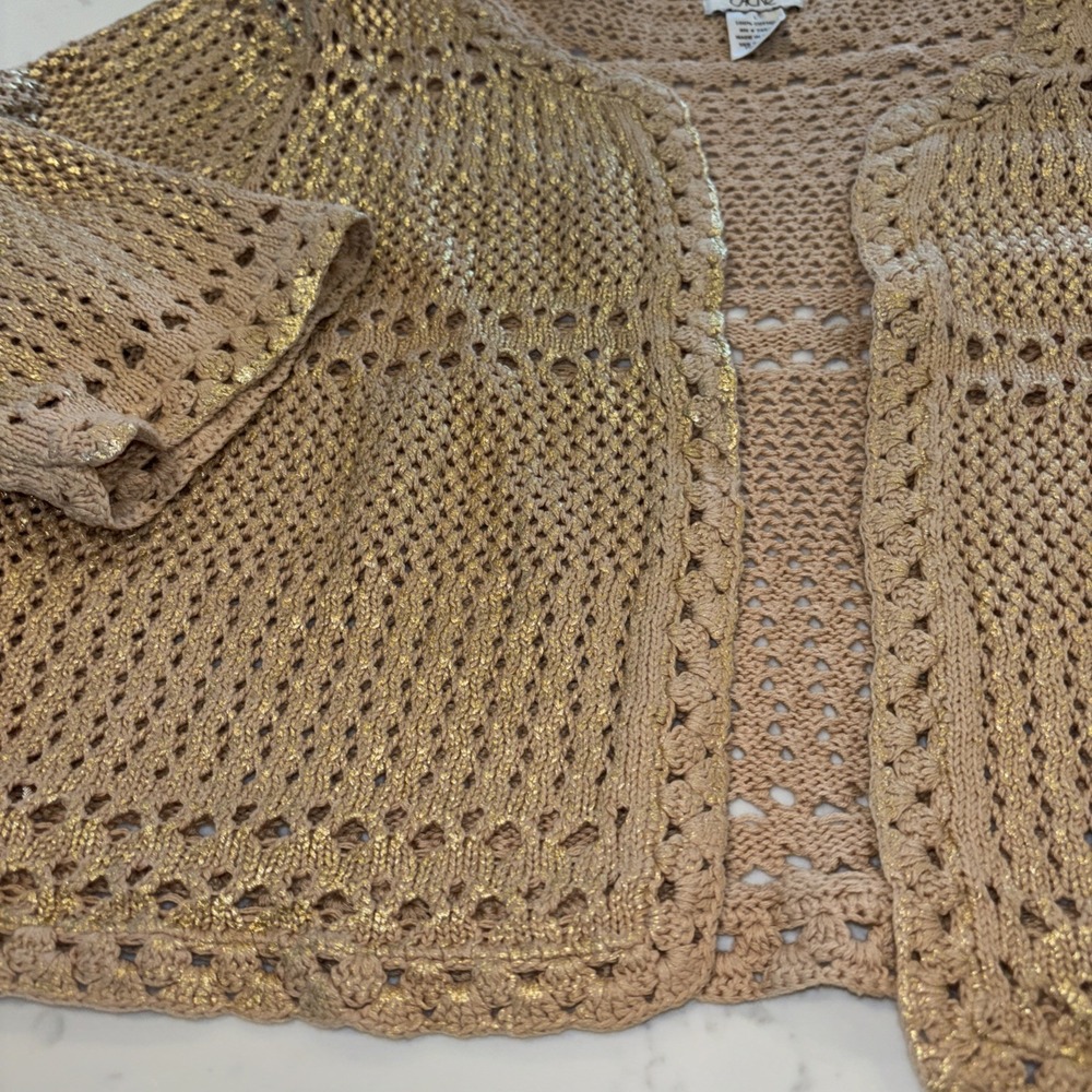 Cache Gold Metallic Short Sleeve Cardigan Size Large 100% Cotton Crochet EUC - Picture 4 of 7